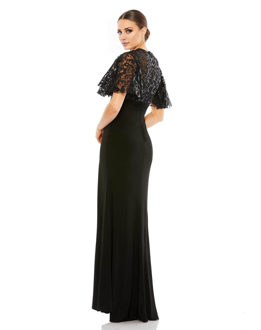 Black Chiffon Sheath/column Floor-Length Dress with Lace Capelet Bodice and Draped Waist