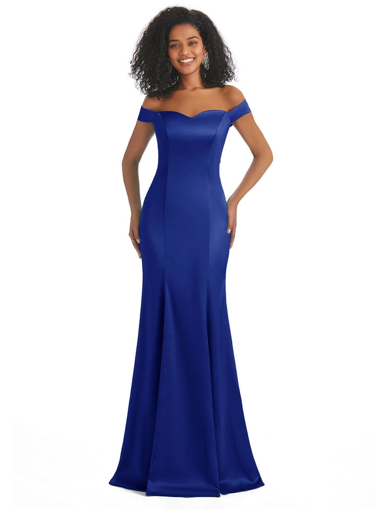 Vestidos de dama de honor largos, sencillos, de satén suave, sin mangas y con hombros descubiertos, de corte sirena