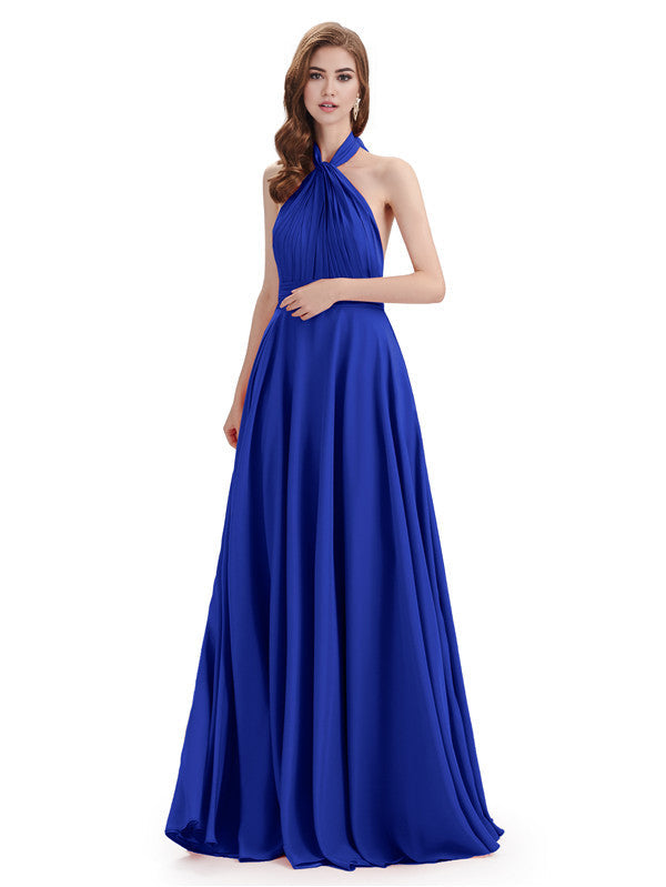 Simple A-Line High Neck Halter Sleeveless Pleats Chiffon Floor Length Bridesmaid Dresses