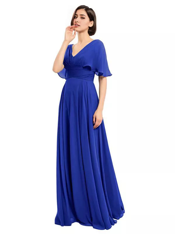 Dusty Blue Chiffon A-Line Floor-Length Bridesmaid Dress with V-Neck and Flutter Sleeves