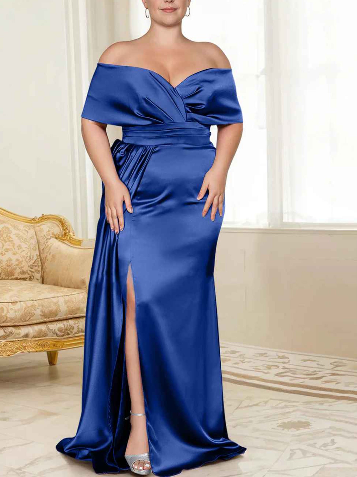 Wisteria Satin Off-the-Shoulder Floor-Length Bridesmaid & Wedding Guest Dress