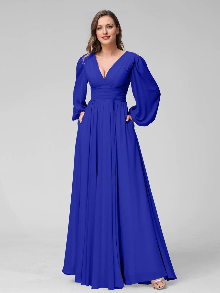 Blushing Pink Chiffon V-Neck A-Line Floor-Length Bridesmaid Dress with Bishop Sleeves