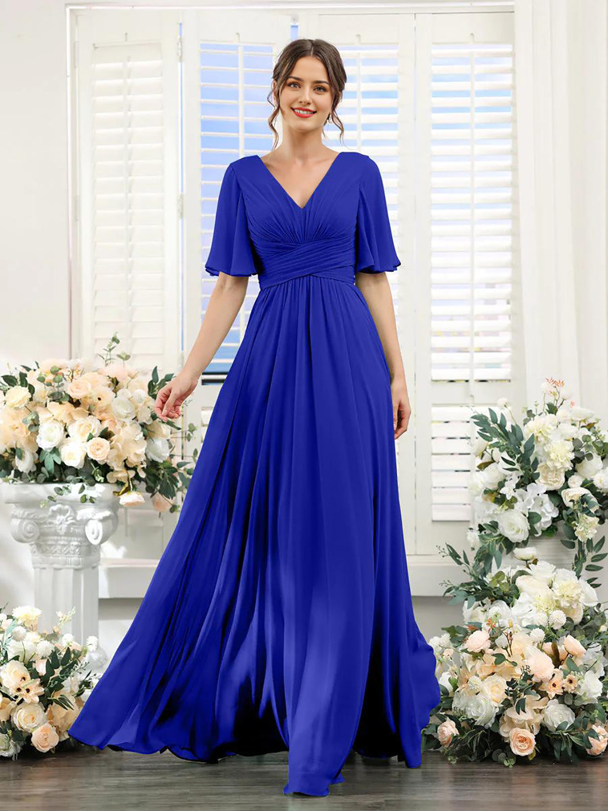 Vestido de dama de honor con escote en A y escote en V, ideal para invitadas a la boda, vestido de fiesta formal de gasa larga con abertura.