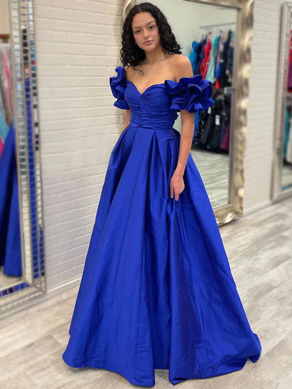 Royal blue taffeta off shoulder ruffle sleeve sweetheart ball gown floor evening dress
