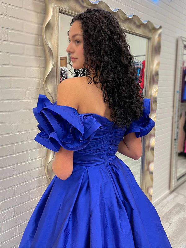 Royal blue taffeta off shoulder ruffle sleeve sweetheart ball gown floor evening dress