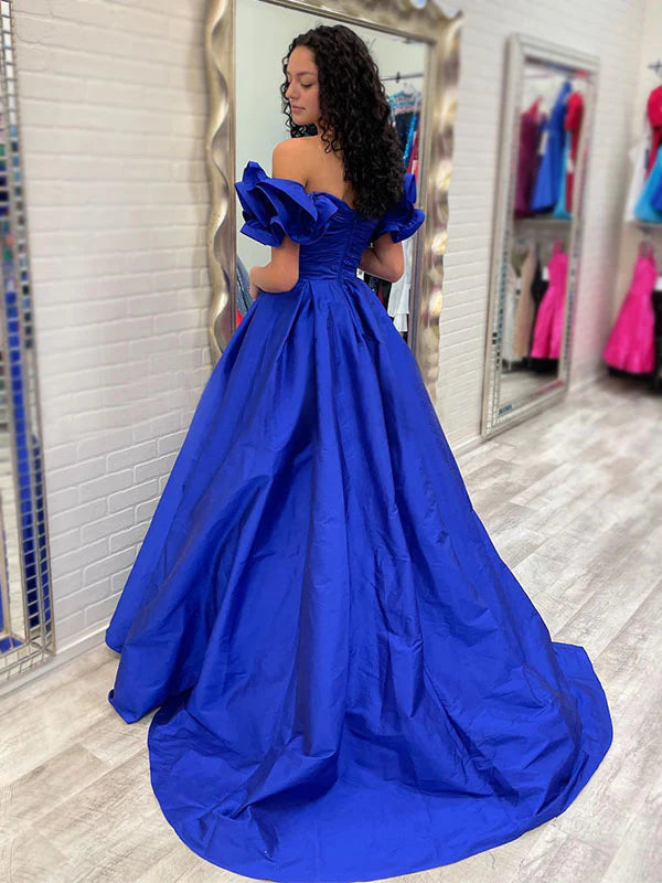 Royal blue taffeta off shoulder ruffle sleeve sweetheart ball gown floor evening dress