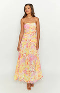 Yellow Floral Chiffon A-Line Floor-Length Gown with Ruched Bodice for Evening Parties
