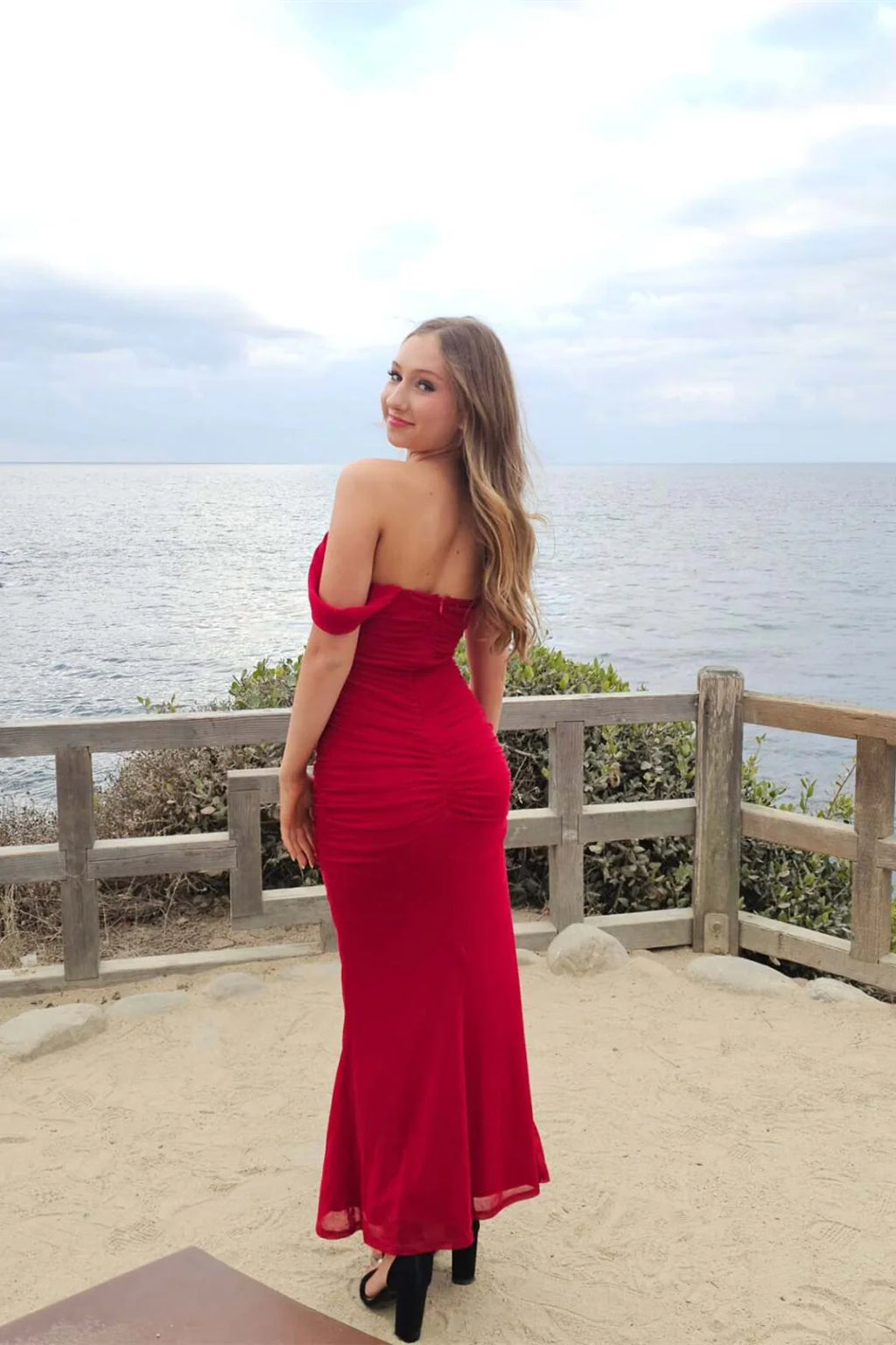 Dusty Blue Crepe Ruched Off-the-Shoulder Floor-Length Bridesmaid Dress