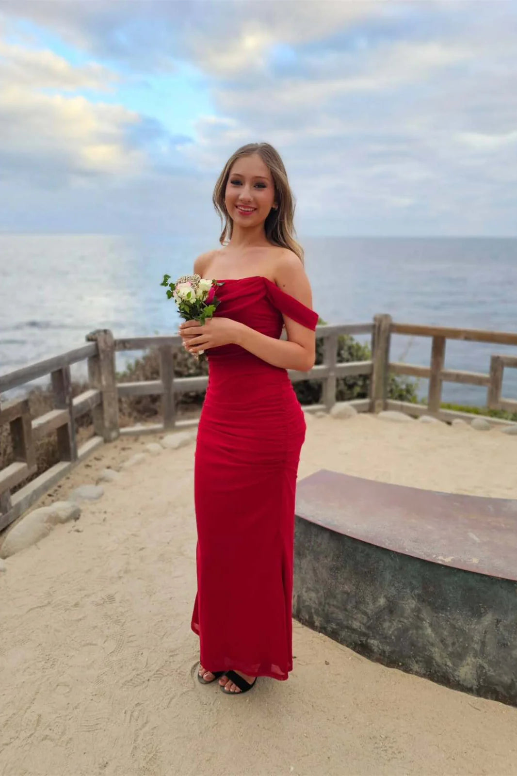 Dusty Blue Crepe Ruched Off-the-Shoulder Floor-Length Bridesmaid Dress