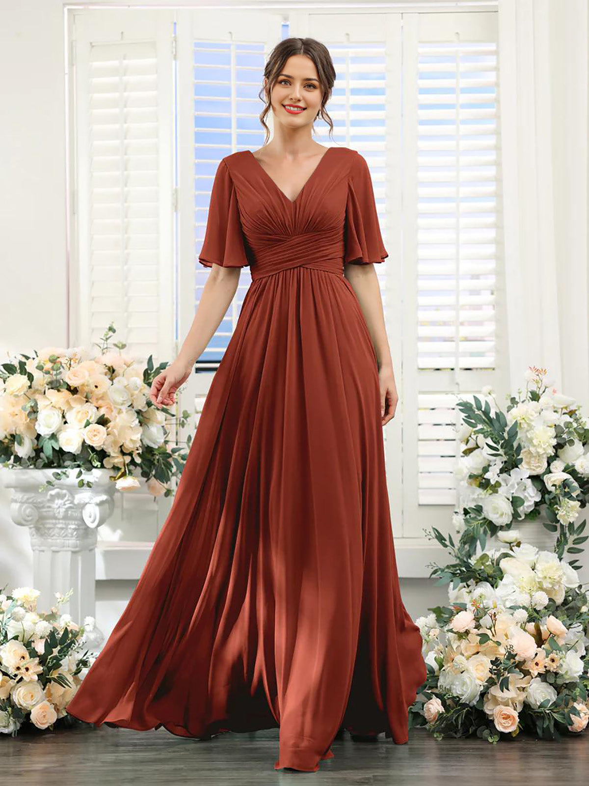 Mint Green Chiffon A-Line Floor-Length Bridesmaid Dress | V-Neck, Ruched Bodice & High Slit