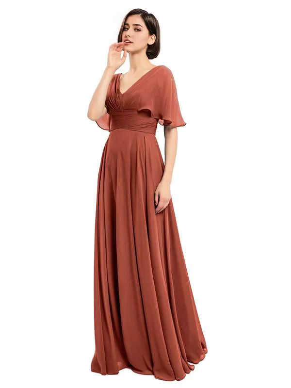 Dusty Blue Chiffon A-Line Floor-Length Bridesmaid Dress with V-Neck and Flutter Sleeves