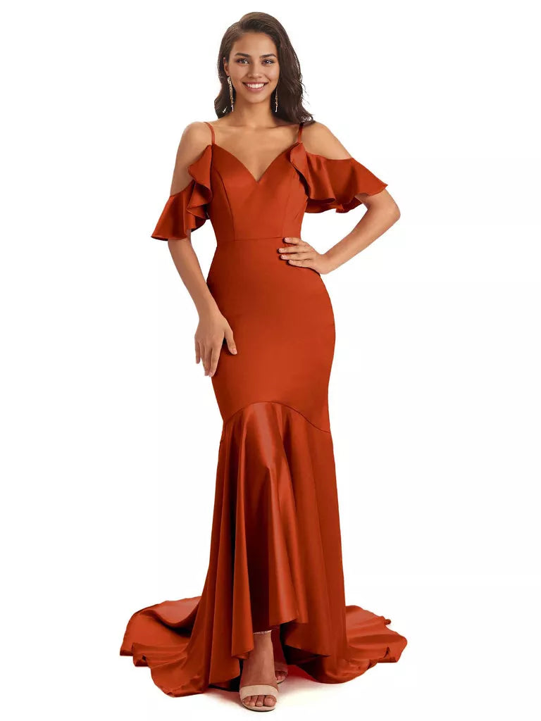 Soft Satin Asymmetric Spaghetti Straps Sleeveless Mermaid Cold Shoulder Bridesmaid Dresses