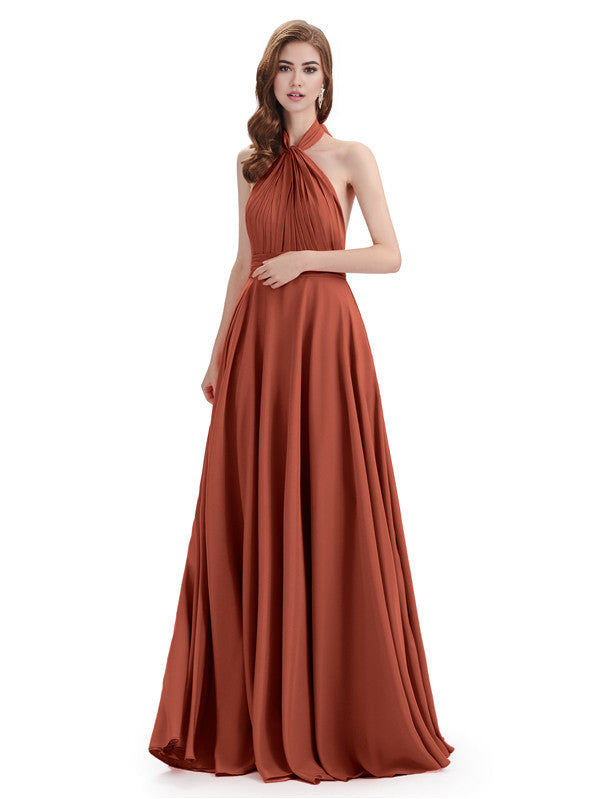 Simple A-Line High Neck Halter Sleeveless Pleats Chiffon Floor Length Bridesmaid Dresses