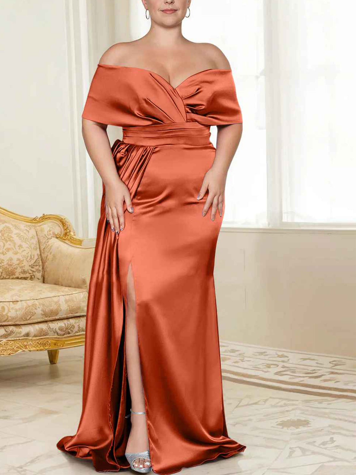 Wisteria Satin Off-the-Shoulder Floor-Length Bridesmaid & Wedding Guest Dress