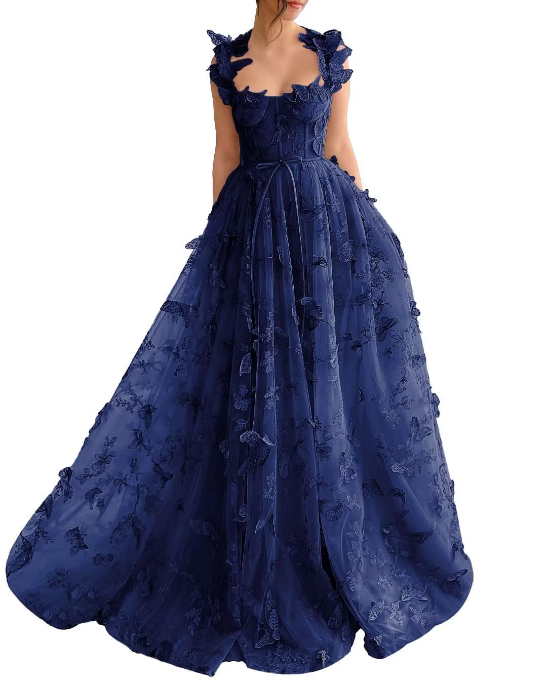 Vestido largo de tul con mariposas 3D para fiesta de noche, vestido formal para invitados de boda, vestido con abertura