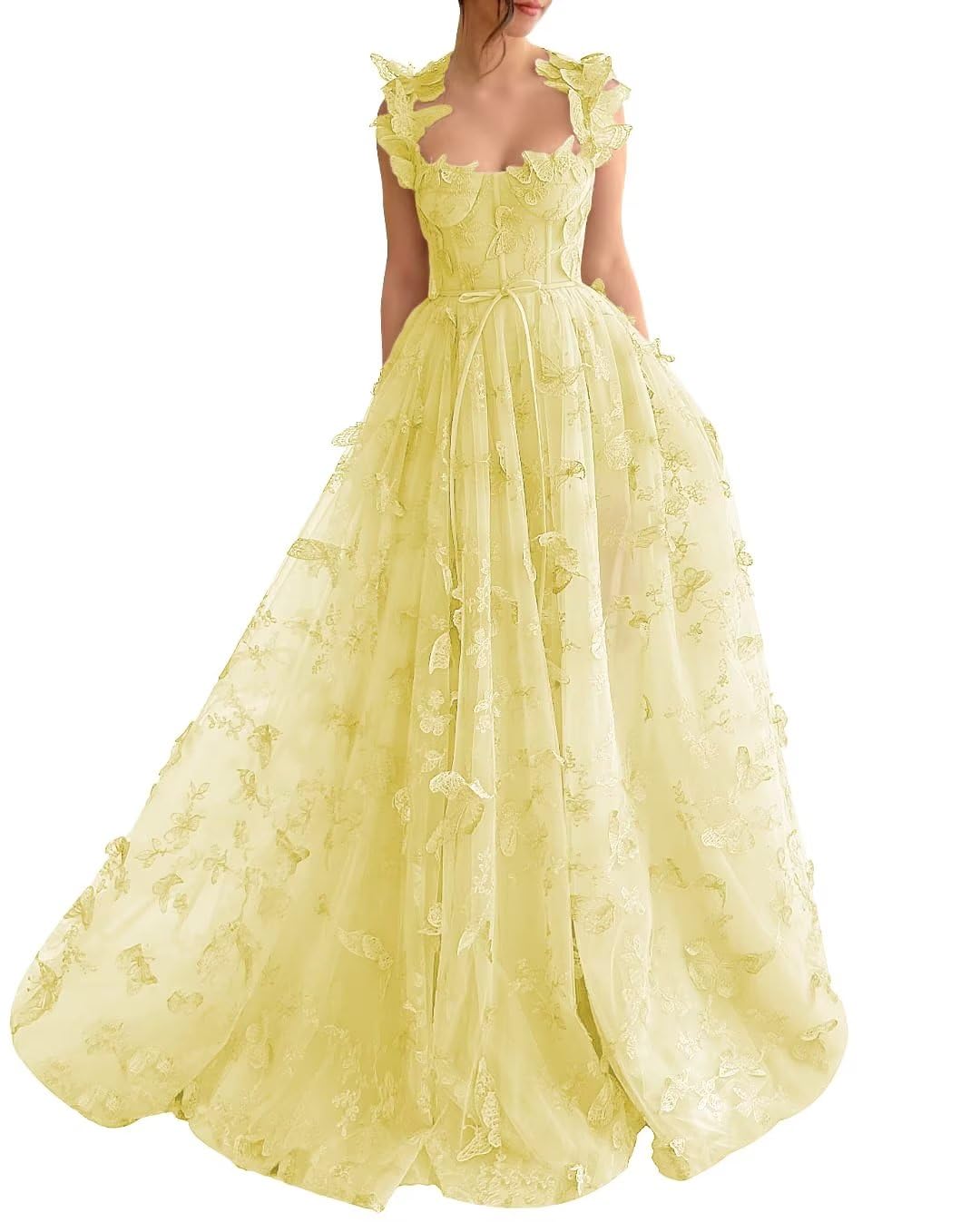 Vestido largo de tul con mariposas 3D para fiesta de noche, vestido formal para invitados de boda, vestido con abertura