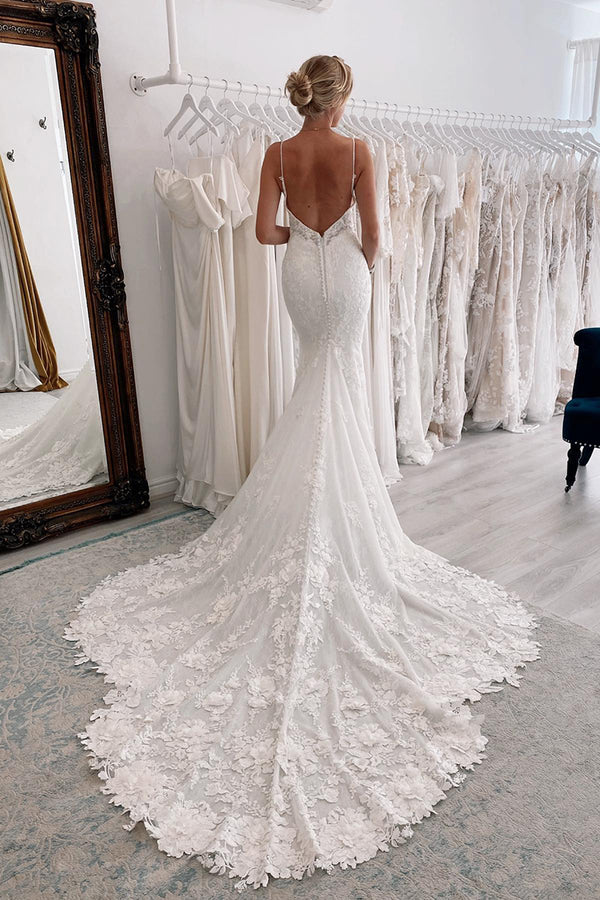 Ivory Lace Mermaid V-Neck Floor-Length Evening Dress with Floral Appliques
