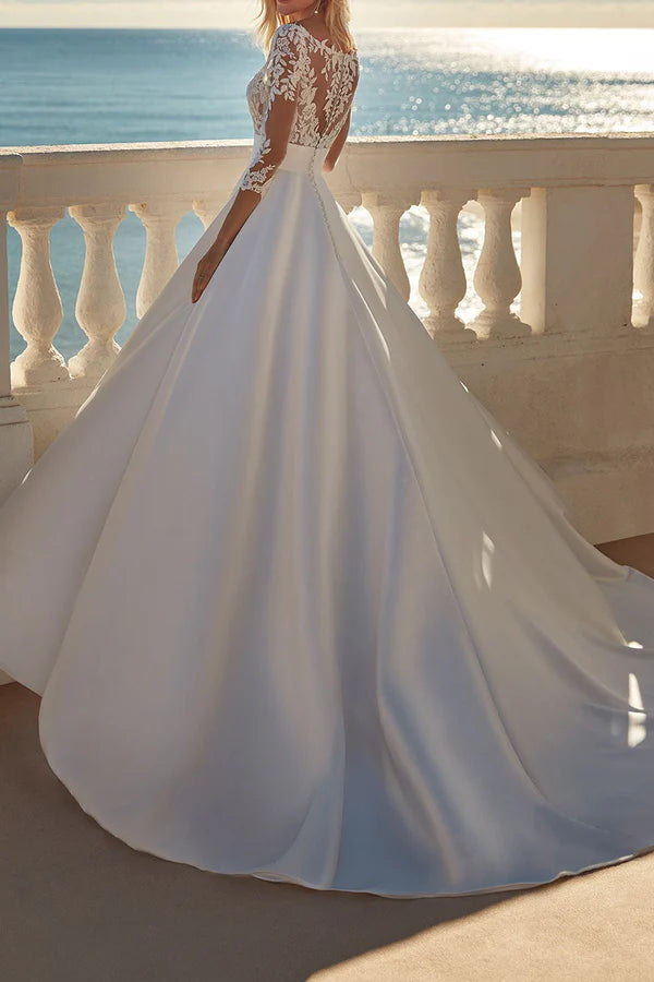 Vestido de novia de satén con escote en V y mangas 3/4 en forma de A