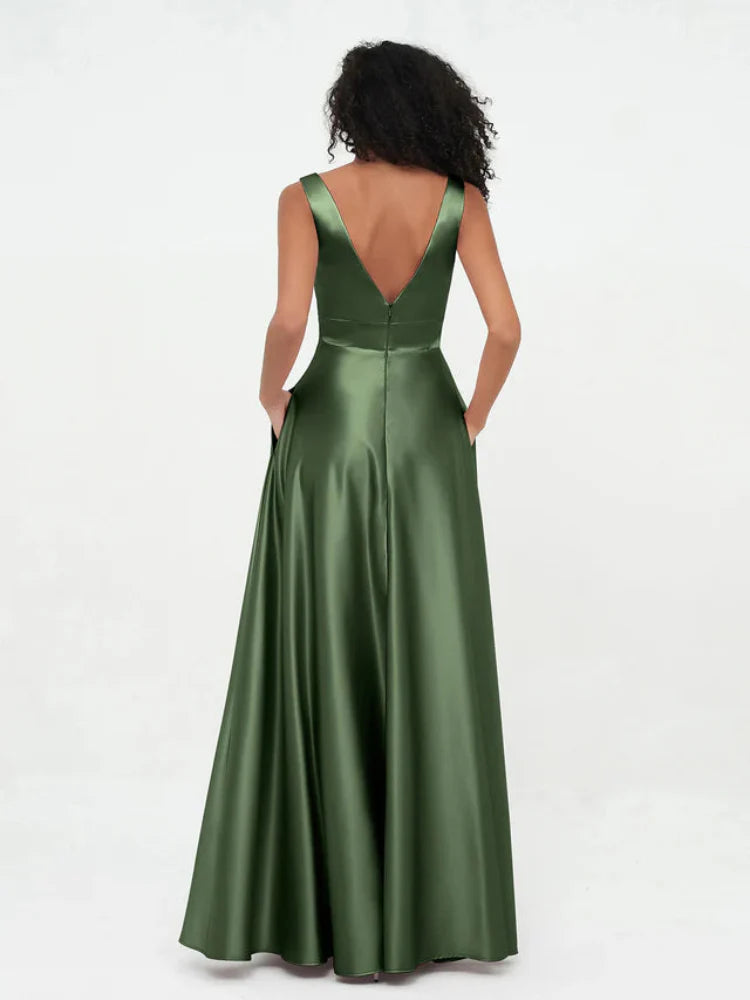 Satin Spaghetti-Strap Deep V-Neck A-Line Floor-Length Bridesmaid Dresses