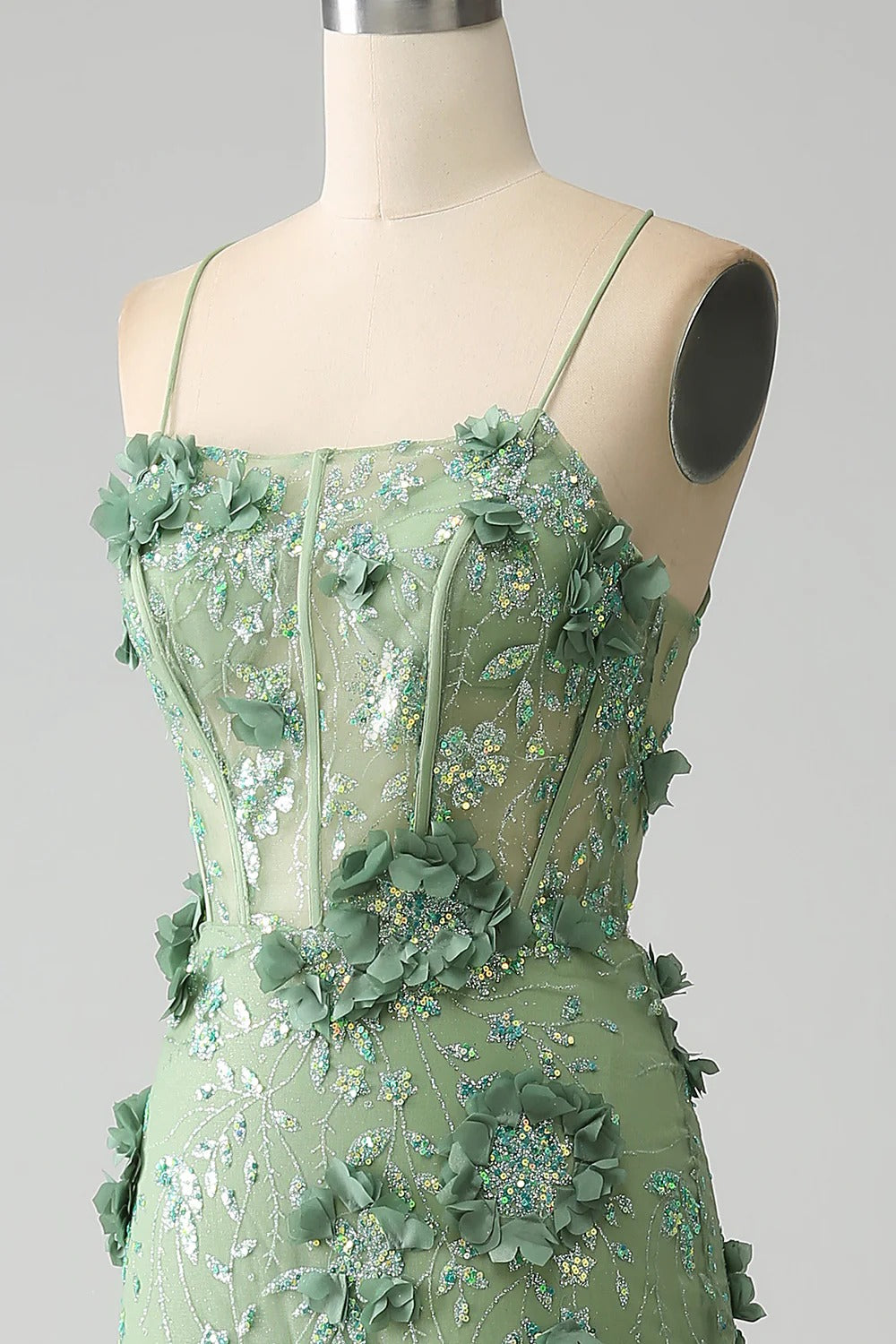Sage Green 3D Floral Mermaid Gown – Spaghetti Strap Prom Dress with Lace-Up Back & High Slit