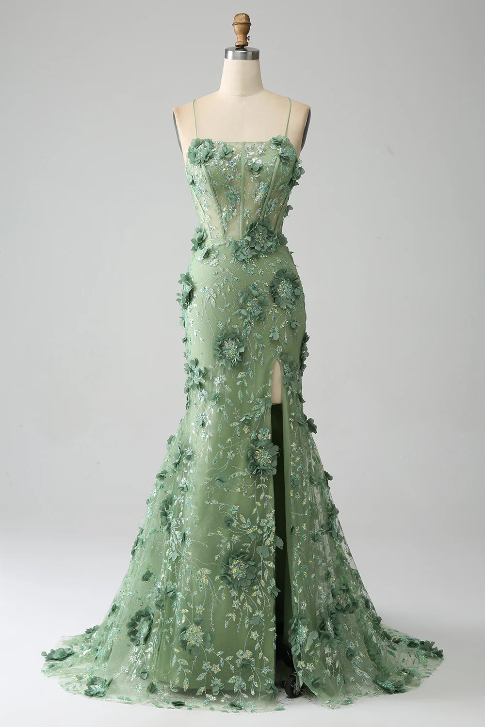Sage Green 3D Floral Mermaid Gown – Spaghetti Strap Prom Dress with Lace-Up Back & High Slit
