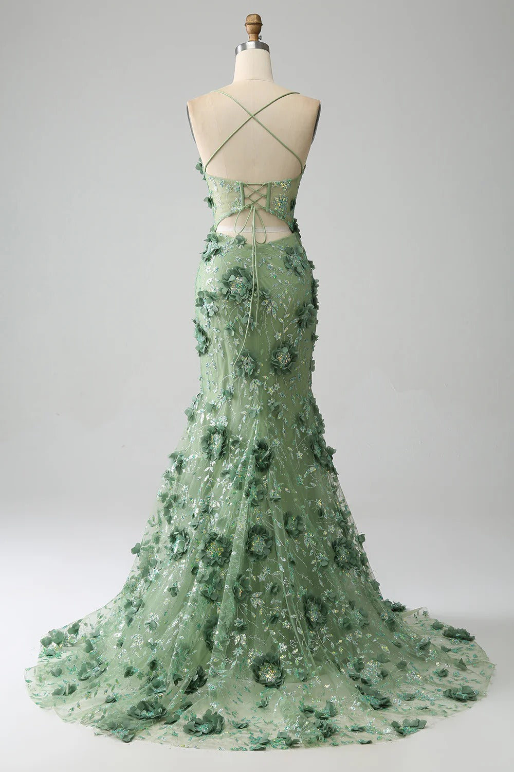 Sage Green 3D Floral Mermaid Gown – Spaghetti Strap Prom Dress with Lace-Up Back & High Slit