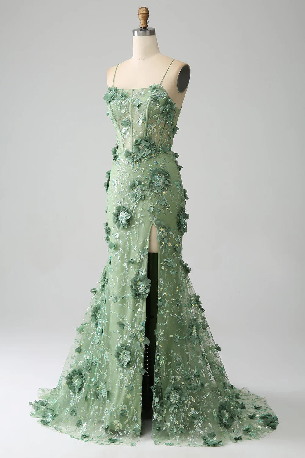 Sage Green 3D Floral Mermaid Gown – Spaghetti Strap Prom Dress with Lace-Up Back & High Slit