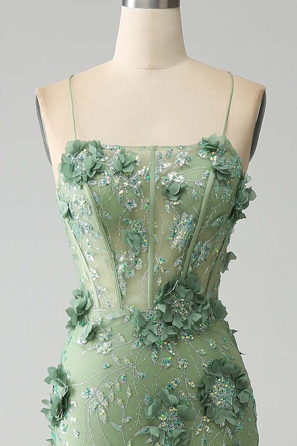 Sage Green 3D Floral Mermaid Gown – Spaghetti Strap Prom Dress with Lace-Up Back & High Slit