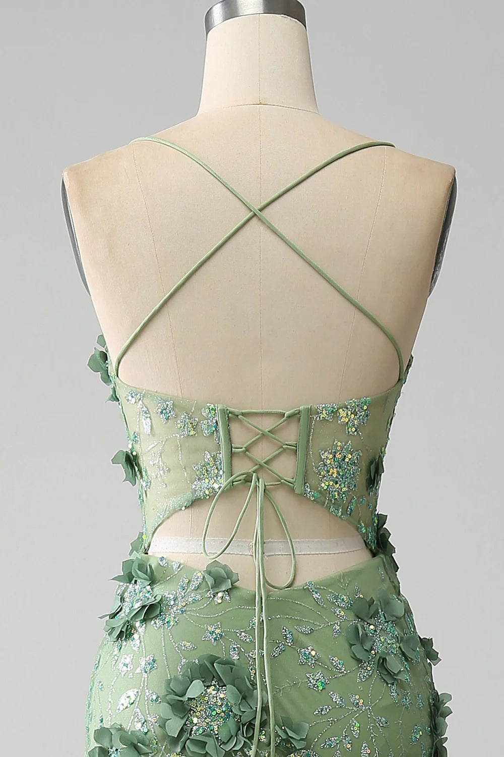 Sage Green 3D Floral Mermaid Gown – Spaghetti Strap Prom Dress with Lace-Up Back & High Slit