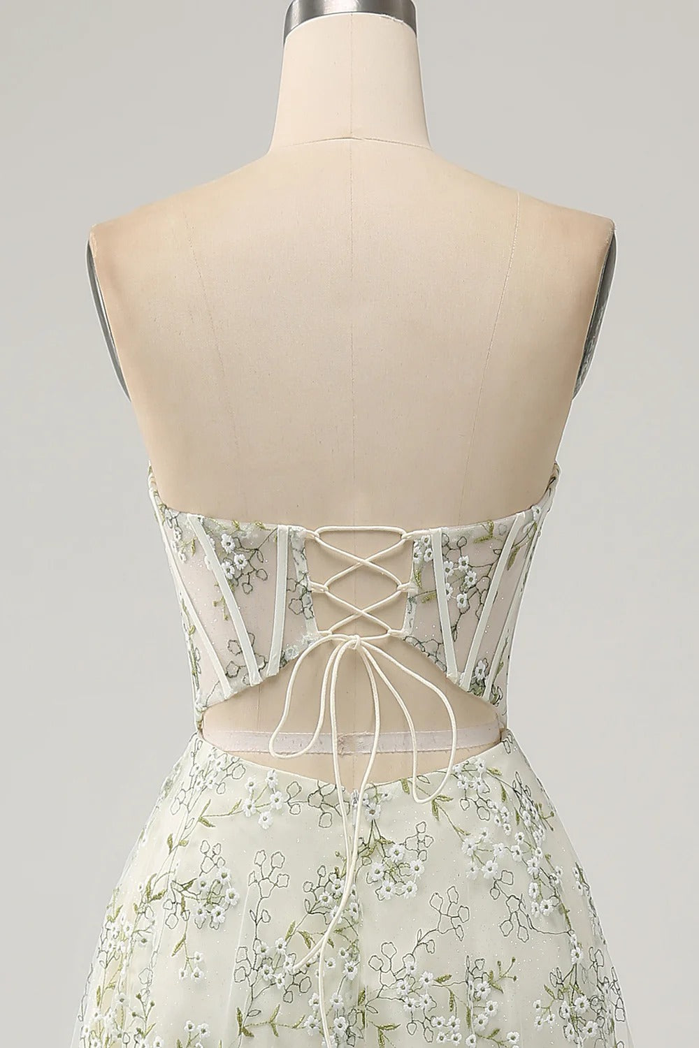 Sage Green Floral Embroidered Corset Gown – Strapless Sweetheart Neckline Tulle Dress with Slit