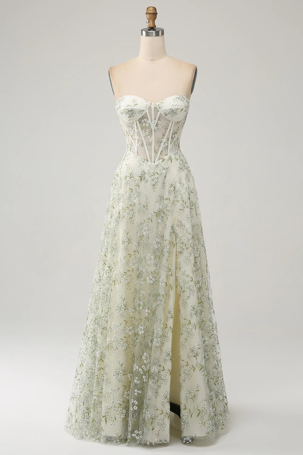 Sage Green Floral Embroidered Corset Gown – Strapless Sweetheart Neckline Tulle Dress with Slit