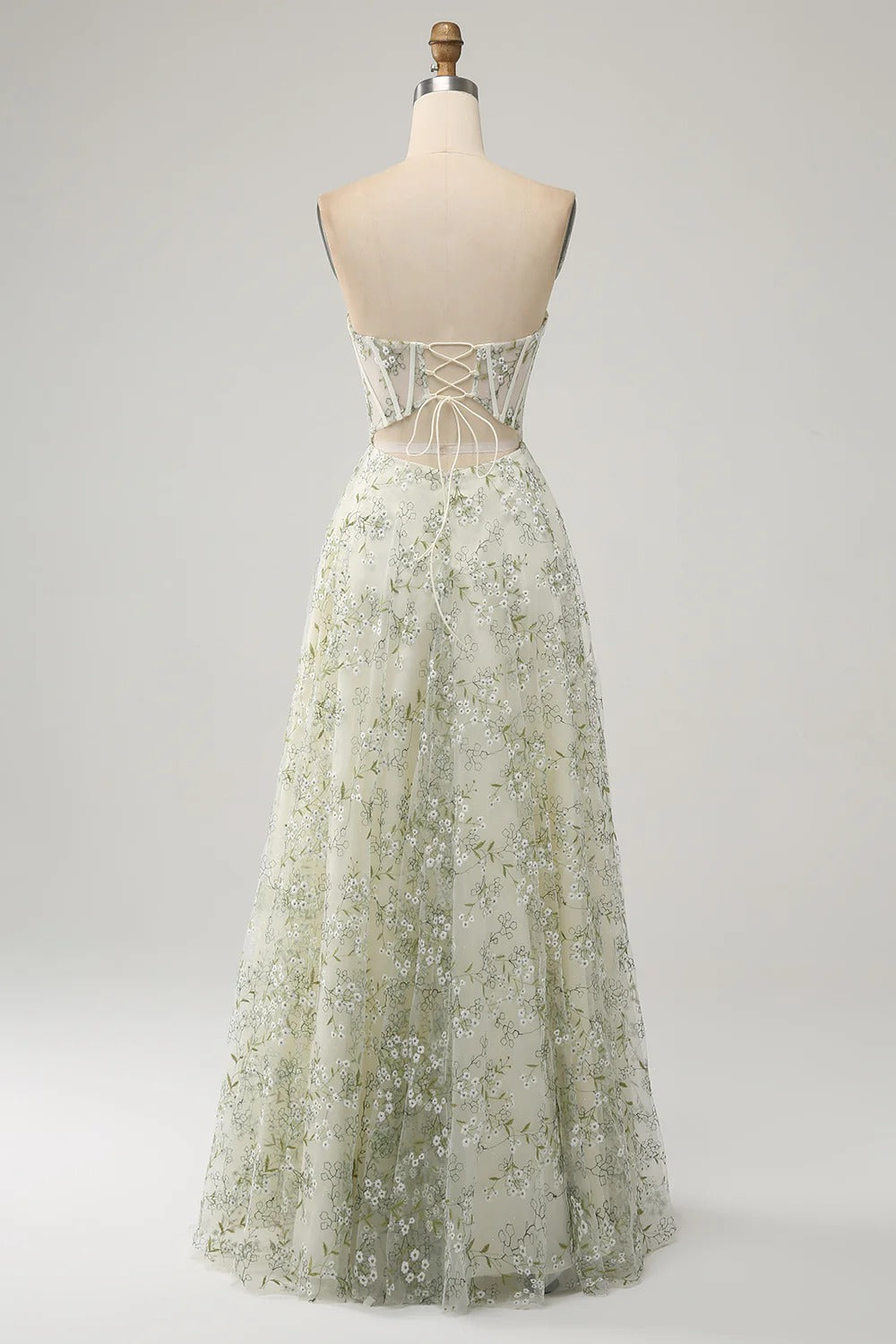 Sage Green Floral Embroidered Corset Gown – Strapless Sweetheart Neckline Tulle Dress with Slit