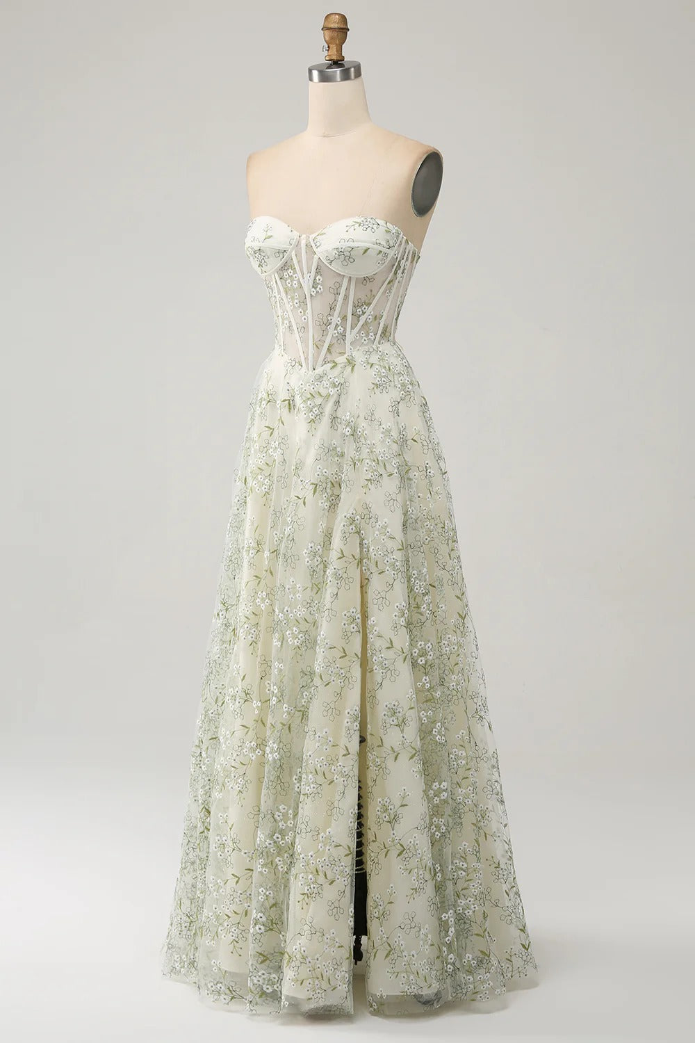 Sage Green Floral Embroidered Corset Gown – Strapless Sweetheart Neckline Tulle Dress with Slit