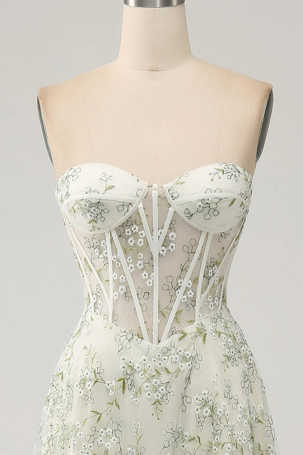 Sage Green Floral Embroidered Corset Gown – Strapless Sweetheart Neckline Tulle Dress with Slit