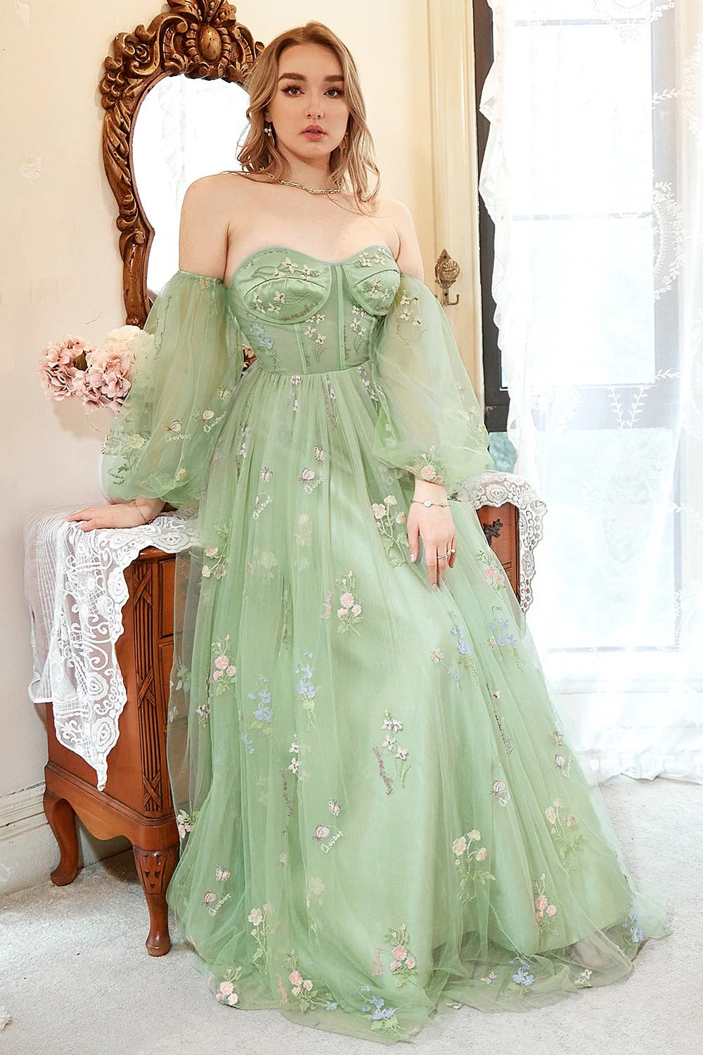 Sage Green Floral Embroidered Tulle Gown – Off-the-Shoulder Prom Dress with Puff Sleeves & Train