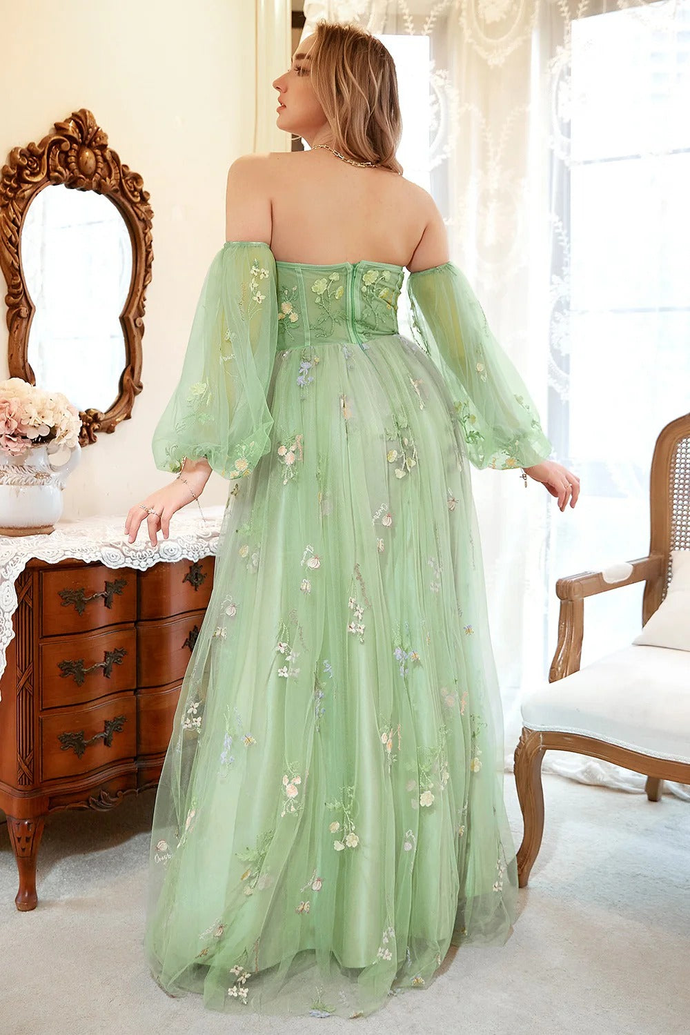 Sage Green Floral Embroidered Tulle Gown – Off-the-Shoulder Prom Dress with Puff Sleeves & Train