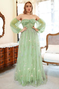 Sage Green Embroidered Tulle A-Line Floor-Length Bridesmaid Dress with Puff Sleeves