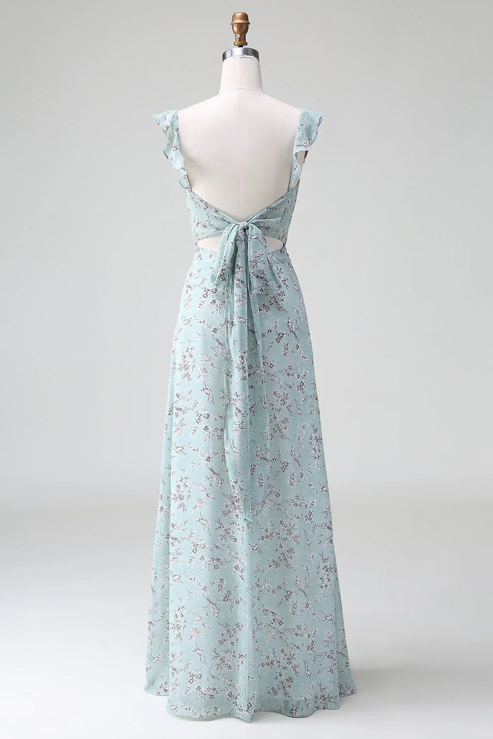 Sage Green Floral Maxi Dress with Back Bow and Thigh-High Slit
