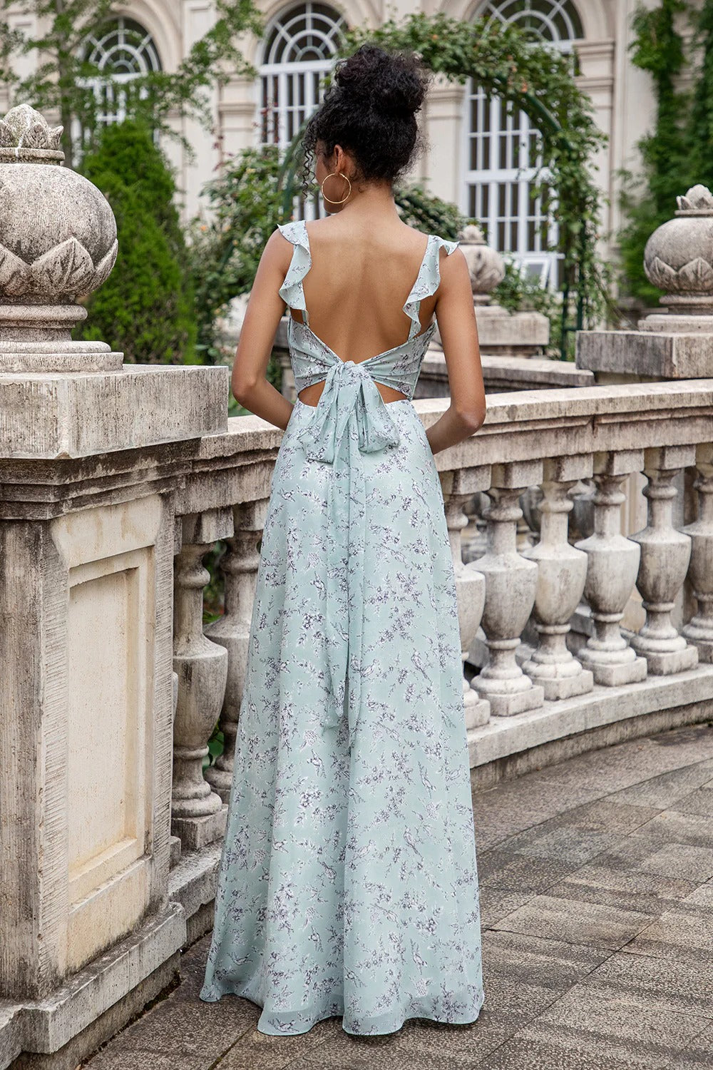 Sage Green Floral Maxi Dress with Back Bow and Thigh-High Slit