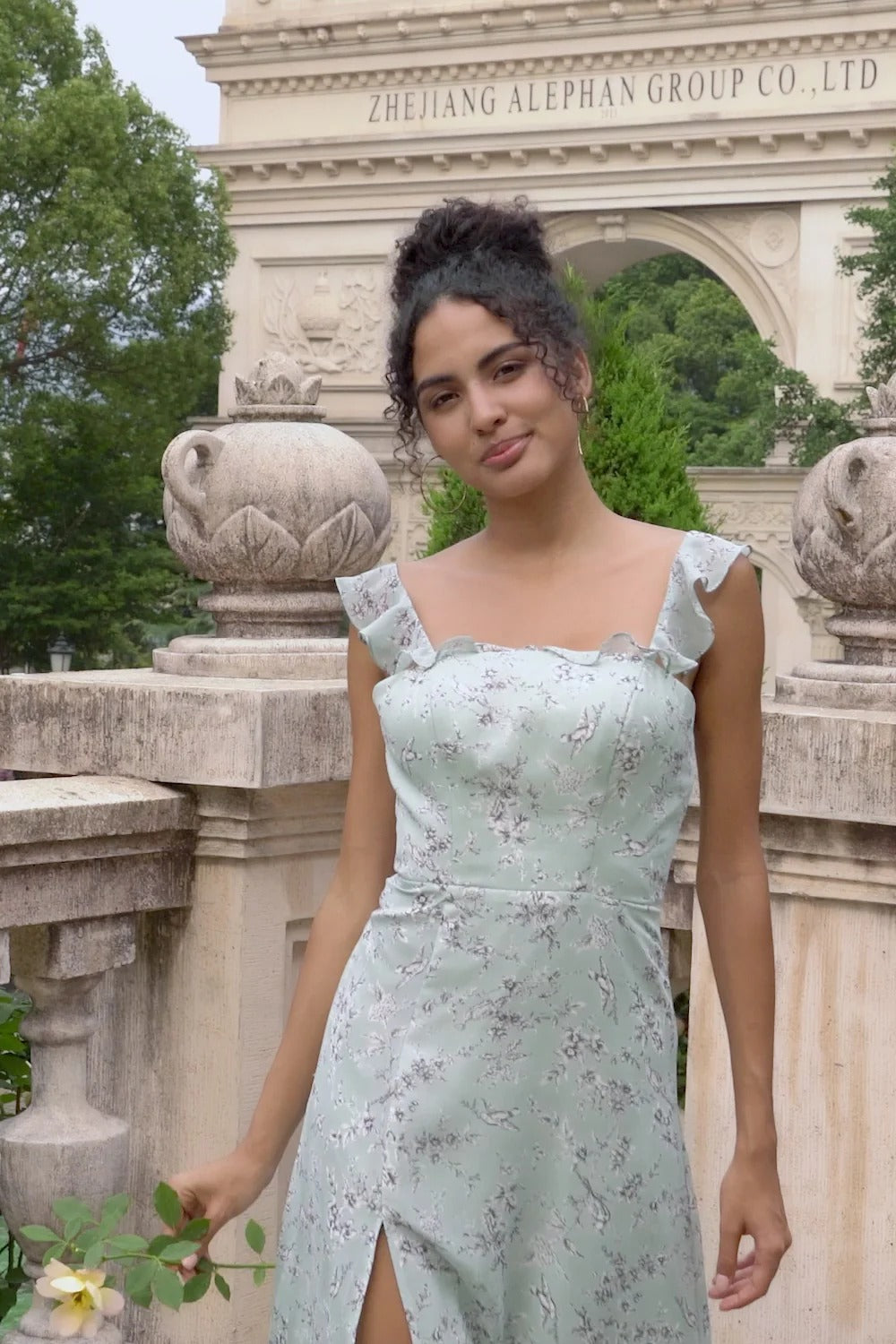 Sage Green Floral Maxi Dress with Back Bow and Thigh-High Slit