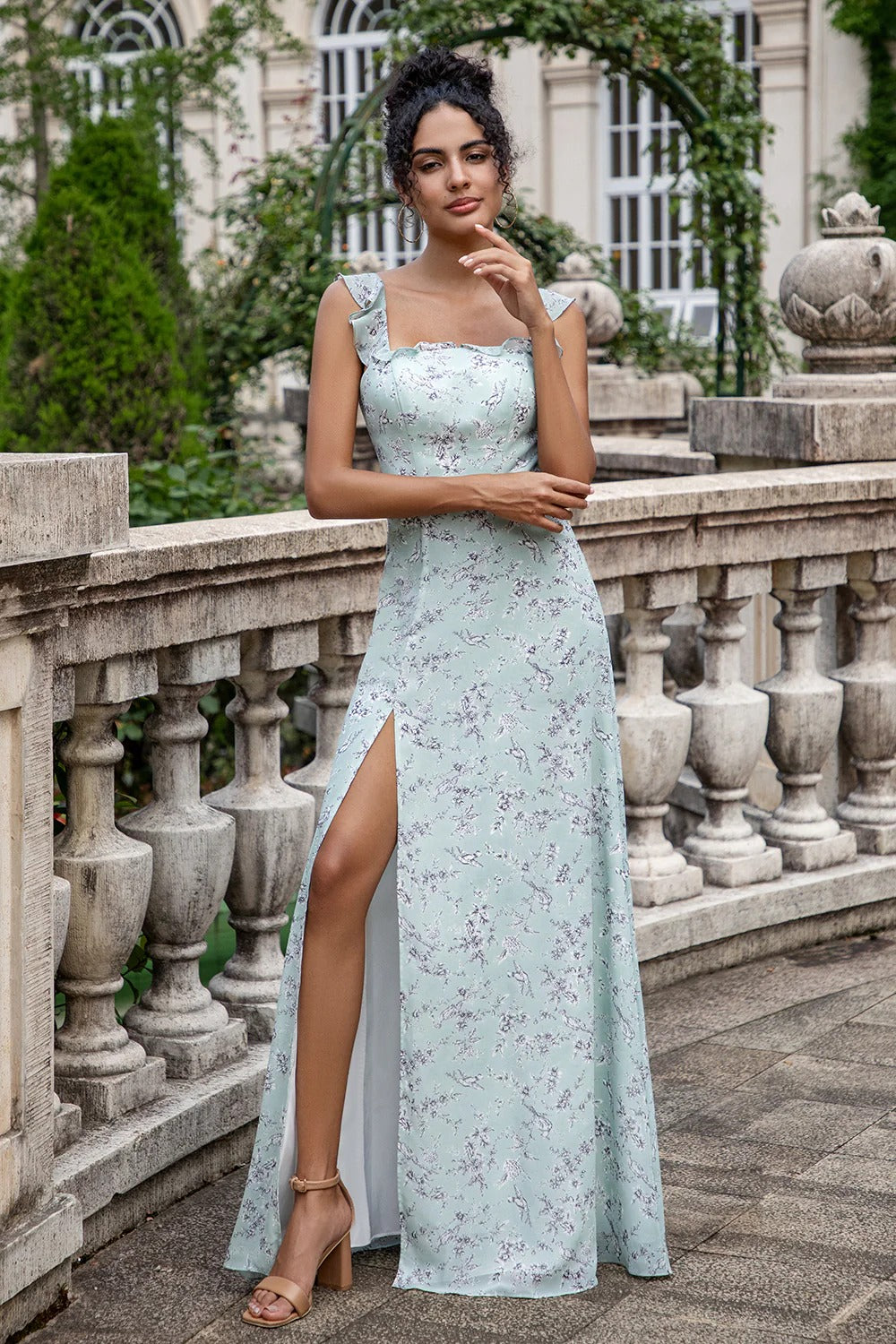 Sage Green Floral Maxi Dress with Back Bow and Thigh-High Slit