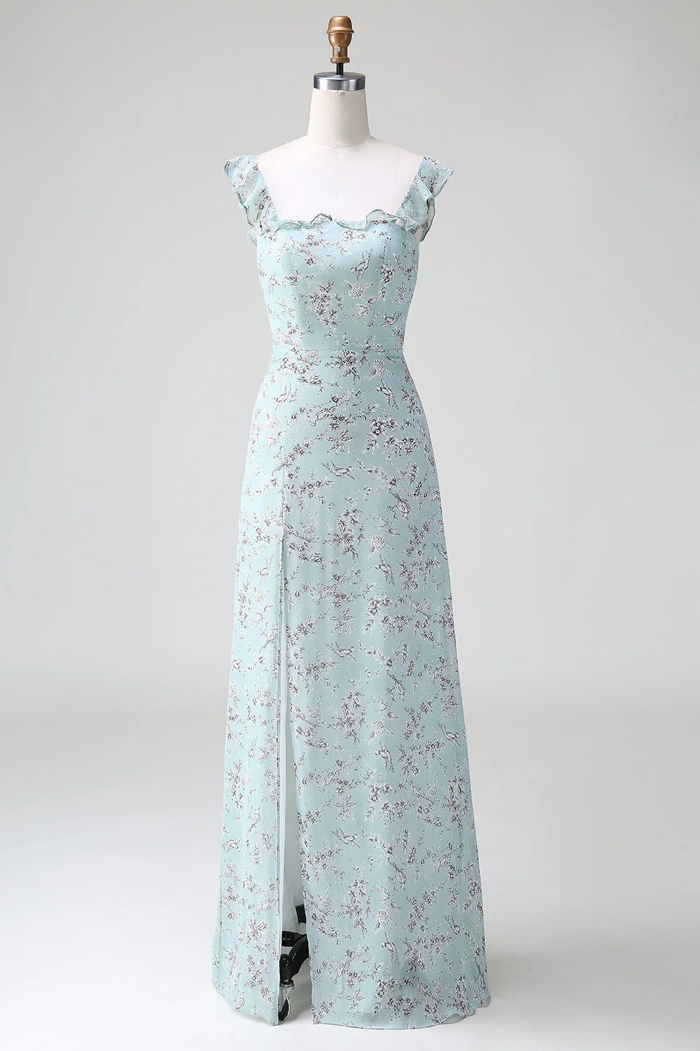 Sage Green Floral Maxi Dress with Back Bow and Thigh-High Slit