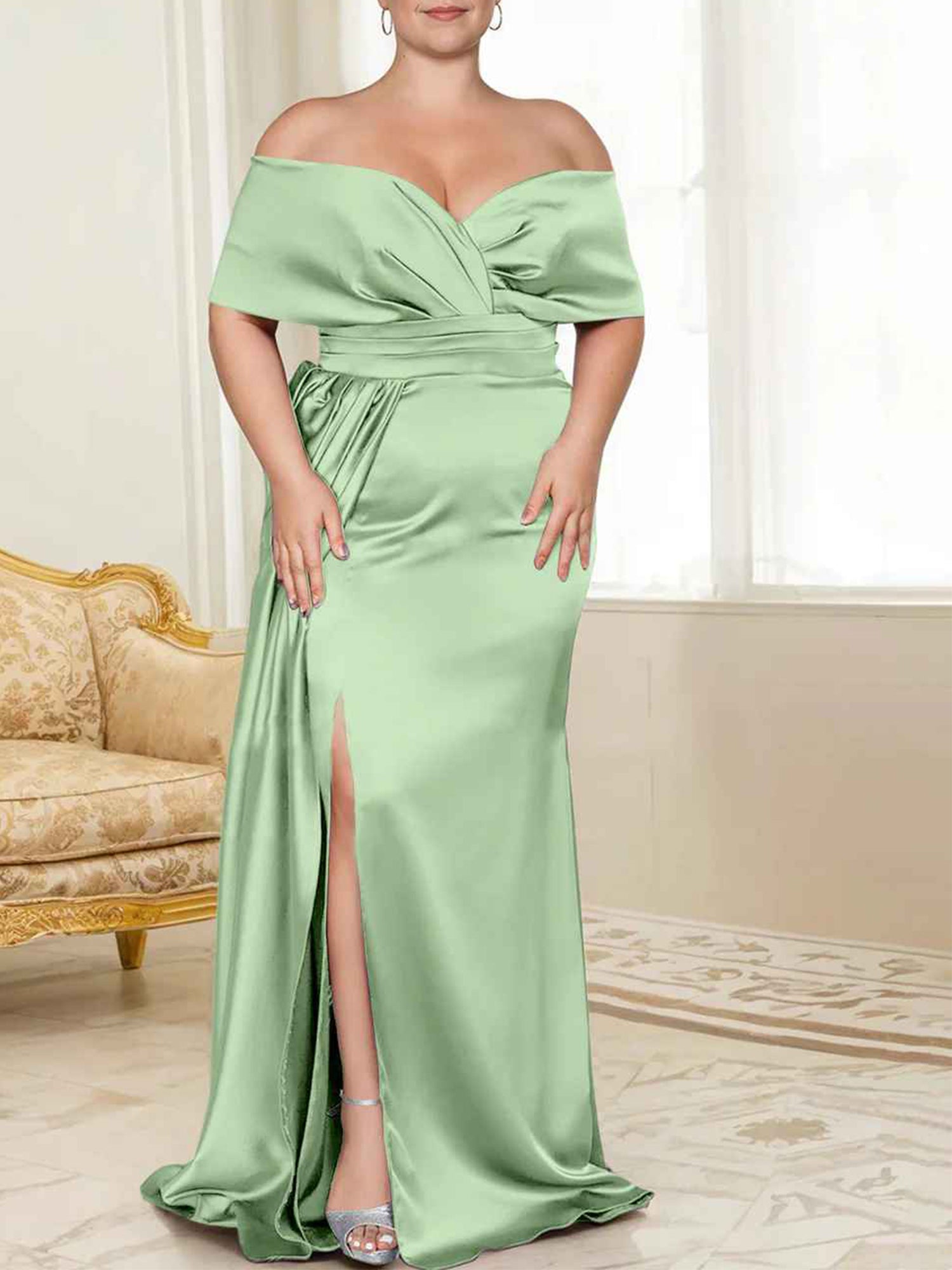Wisteria Satin Off-the-Shoulder Floor-Length Bridesmaid & Wedding Guest Dress