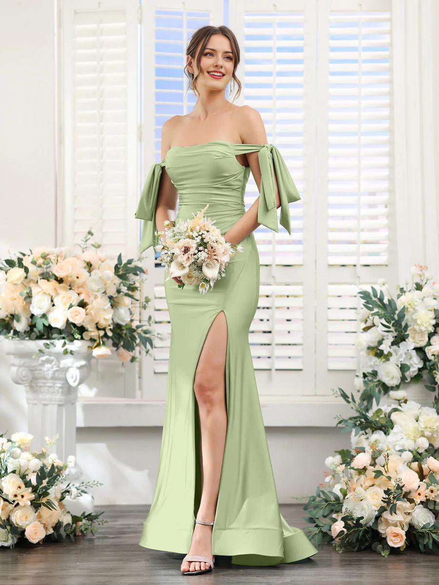 Royal Blue Satin Off-the-Shoulder Floor-Length Bridesmaid Dress