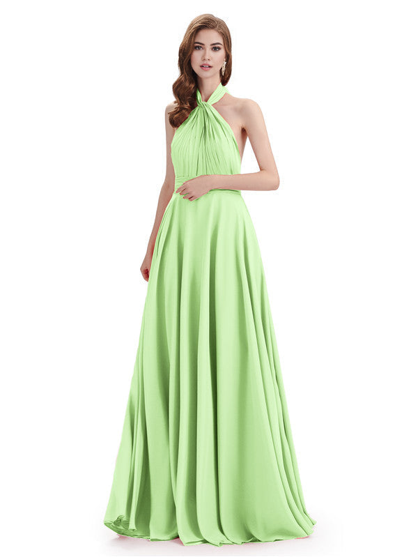 Simple A-Line High Neck Halter Sleeveless Pleats Chiffon Floor Length Bridesmaid Dresses