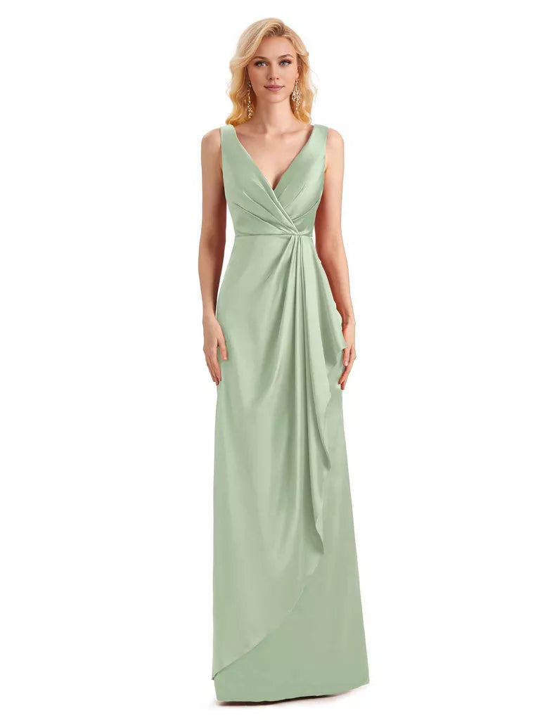 Elegantes vestidos de dama de honor formales, largos hasta el suelo, de satén suave, con escote en V y sin mangas