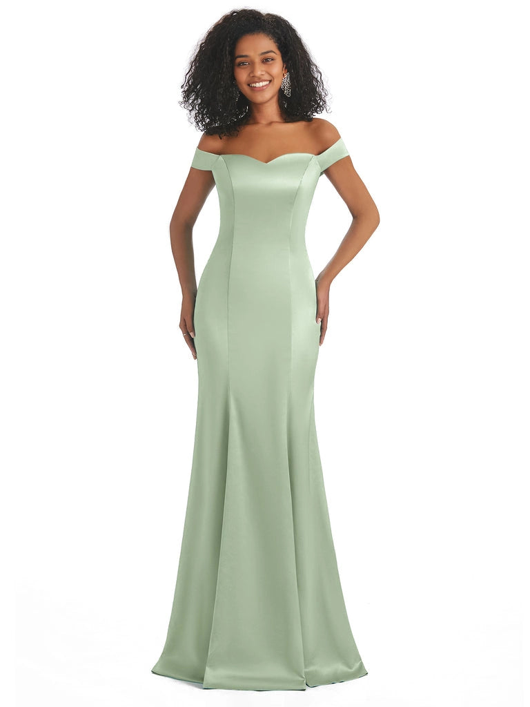 Vestidos de dama de honor largos, sencillos, de satén suave, sin mangas y con hombros descubiertos, de corte sirena
