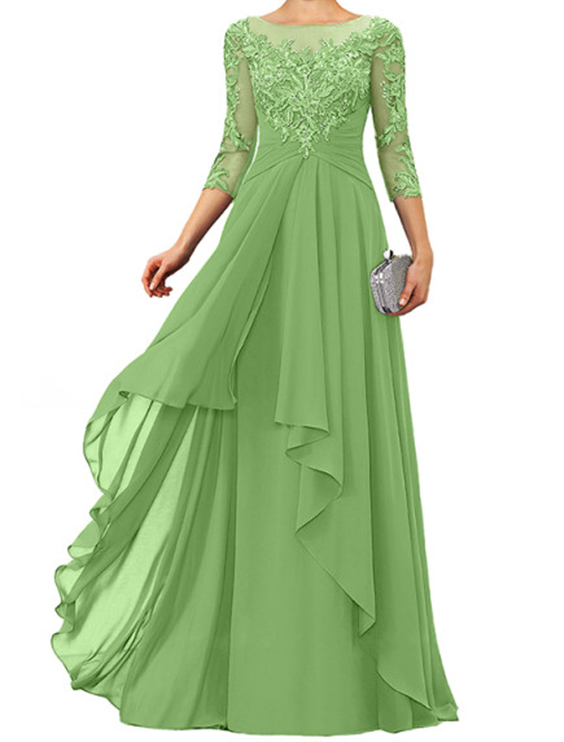 Dark Navy Chiffon A-Line Floor-Length Evening Dress - Illusion Neck Lace Appliques