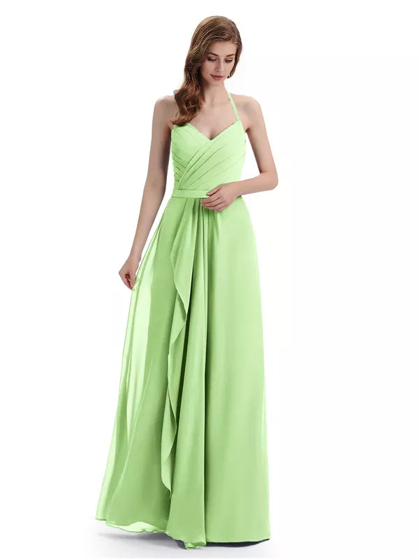 Charming Halter V-neck Off Shoulder Sleeveless Floor Length Bridesmaid Dresses