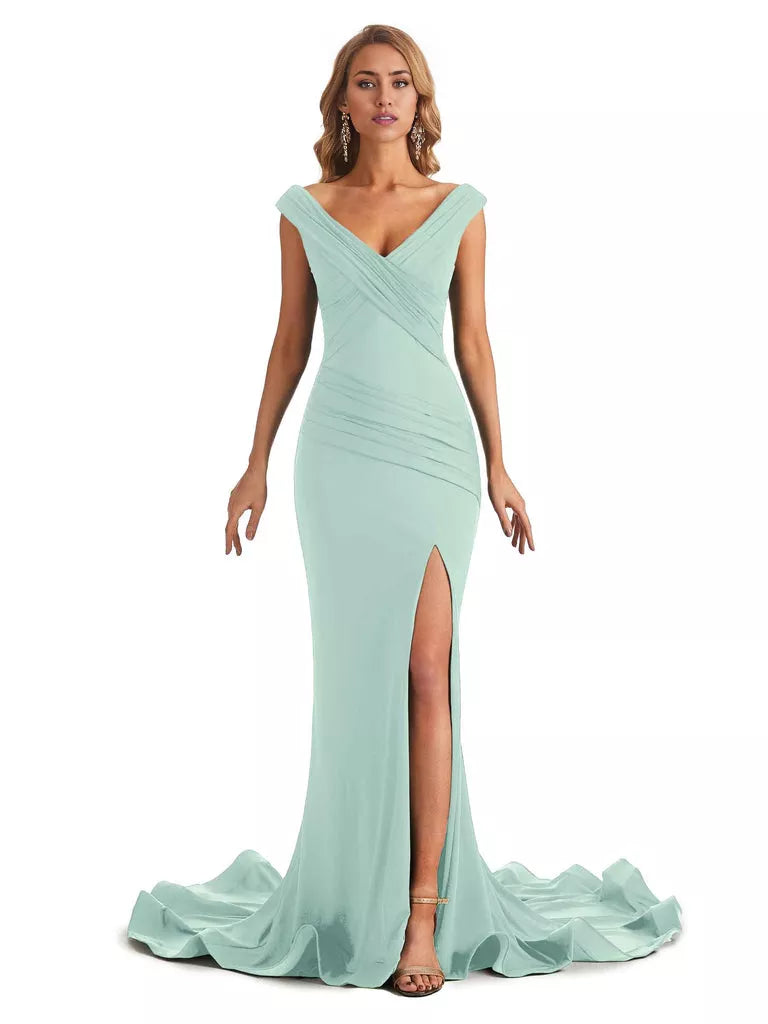 Vestido de dama de honor largo, formal, sin mangas, con escote en V y hombros descubiertos, de estilo sirena y sexy